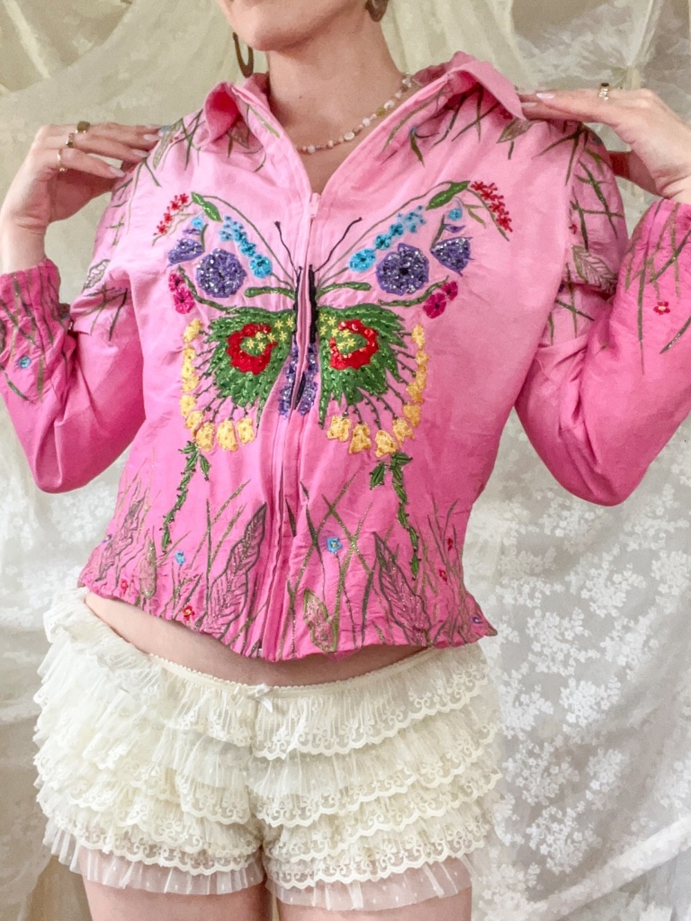 Vintage Anage Pink Silk Embroidered Sequin Butterfly Jacket